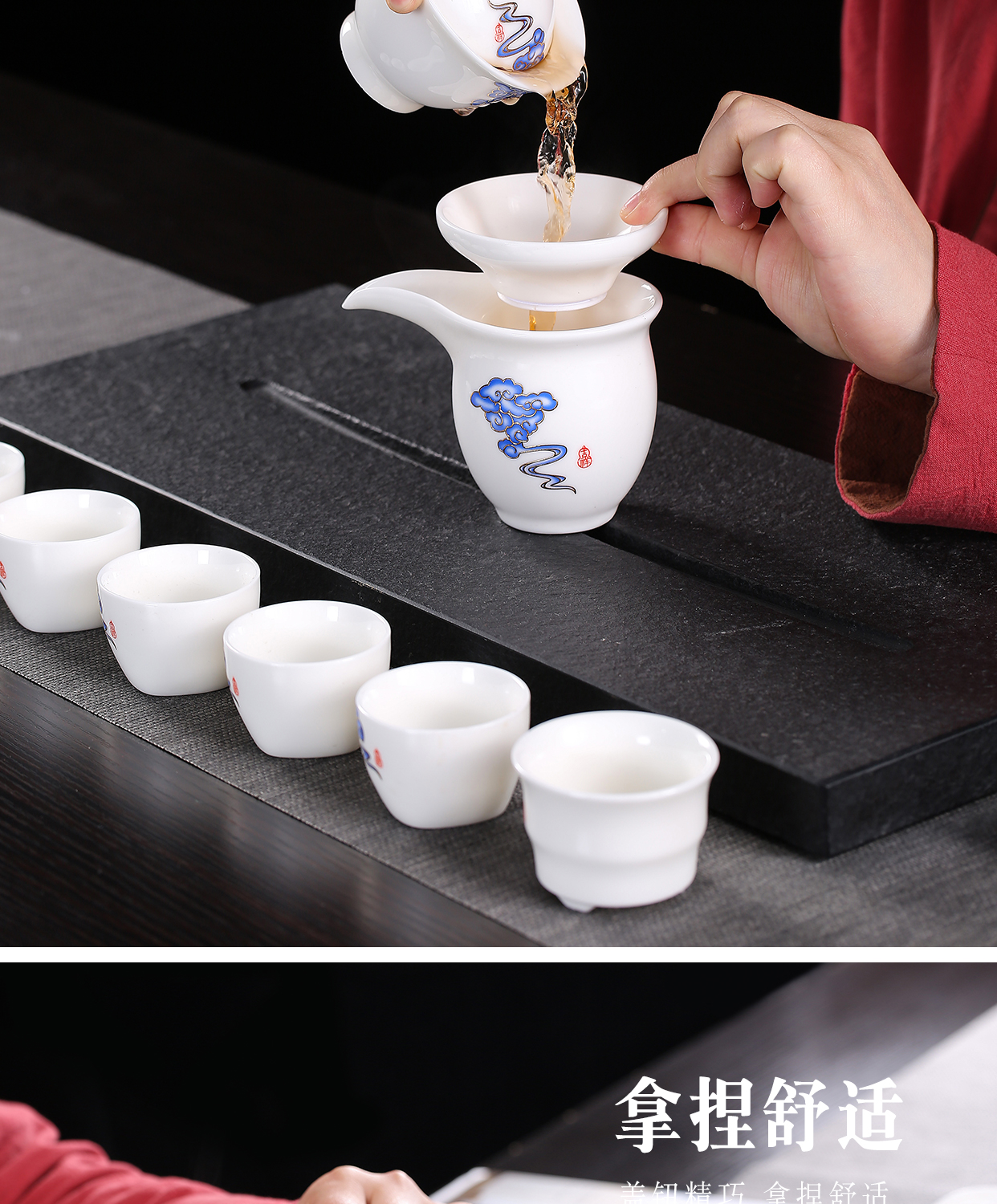 Dehua xiangyun white porcelain tea set contracted and I home office ceramic kung fu tureen of a complete set of tea cups