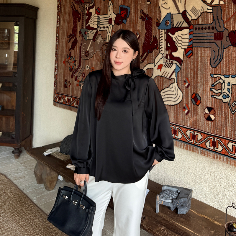 Elegant Lace-Up Satin Plus-Size Shirt for Women, 2026 Autumn New Style, Loose and Slimming Shirt for Plus-Size Women