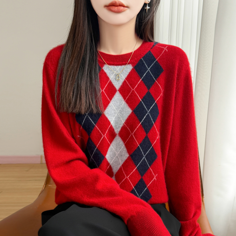 New Year's Style Wool Sweater for Women, Round Neck Diamond Pattern Jacquard Knit Pullover Sweater, Fashionable and Versatile Warm Base Layer Sweater