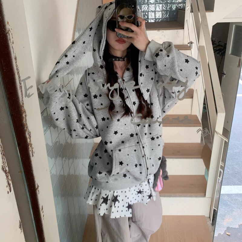198 Pudding American Retro Star-Printed Bunny Ear Hooded Sweatshirt for Women, New Loose Cardigan Jacket for Autumn and Winter