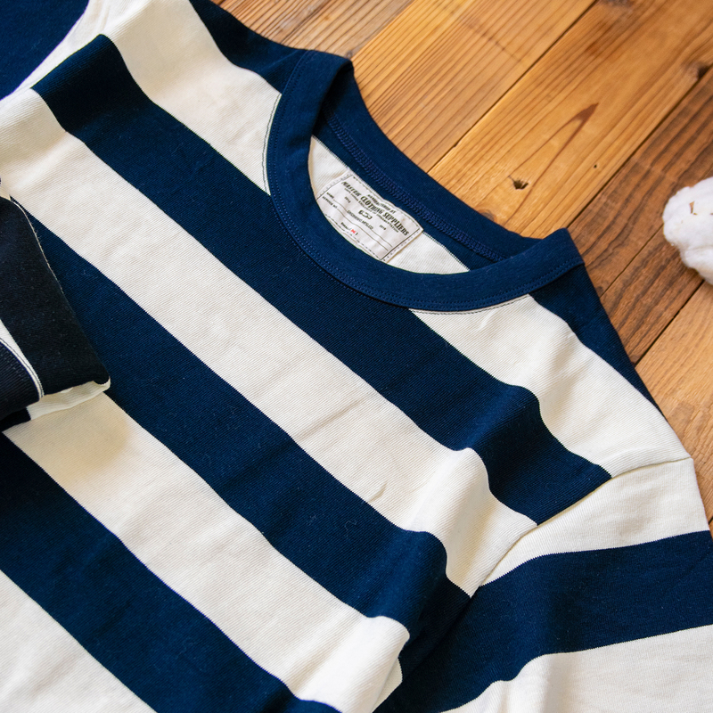 Summer 280g Heavy Cotton Vintage Sports Khaki T-Shirt, Heavy Motorcycle Sailor Shirt, Men's Short-Sleeve Wide Stripe T-Shirt