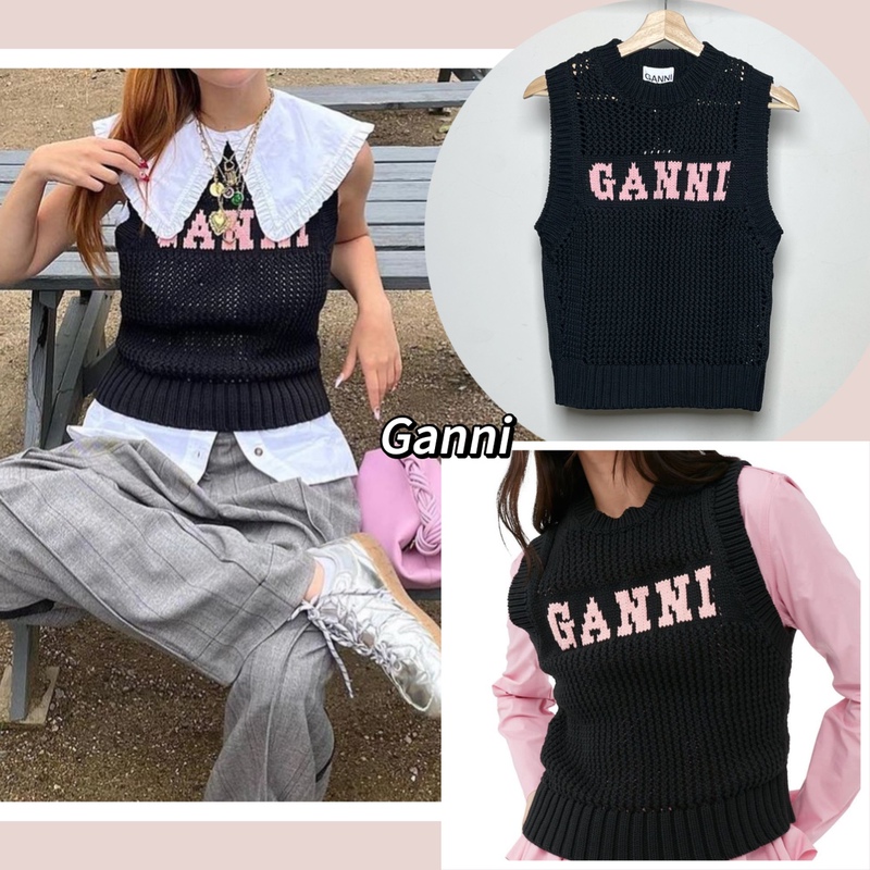 【Discount】Ganni Color-Block Letter Logo Sleeveless Knit Vest
