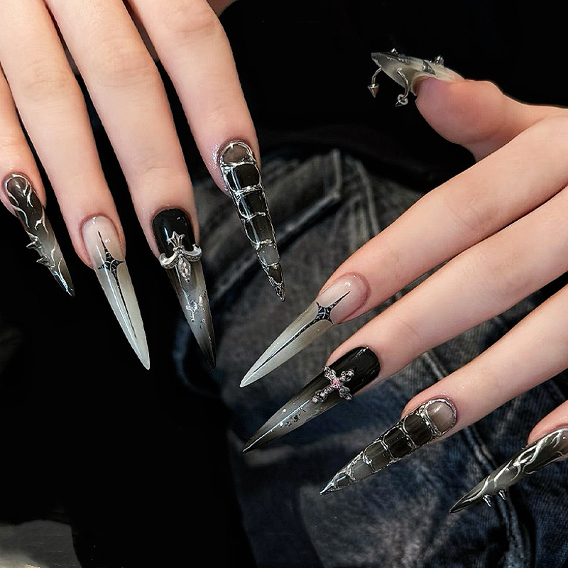 Handmade Wearable Nail Art Products, Long Style, Dark Gothic, European and American Cool Silver Cross Pattern, Rivets, Spicy Girl Cool Personality