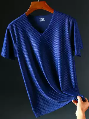 Ice silk seamless short sleeve T-shirt men's V-neck thin stretch slim top mesh sports quick-drying T-shirt half sleeves