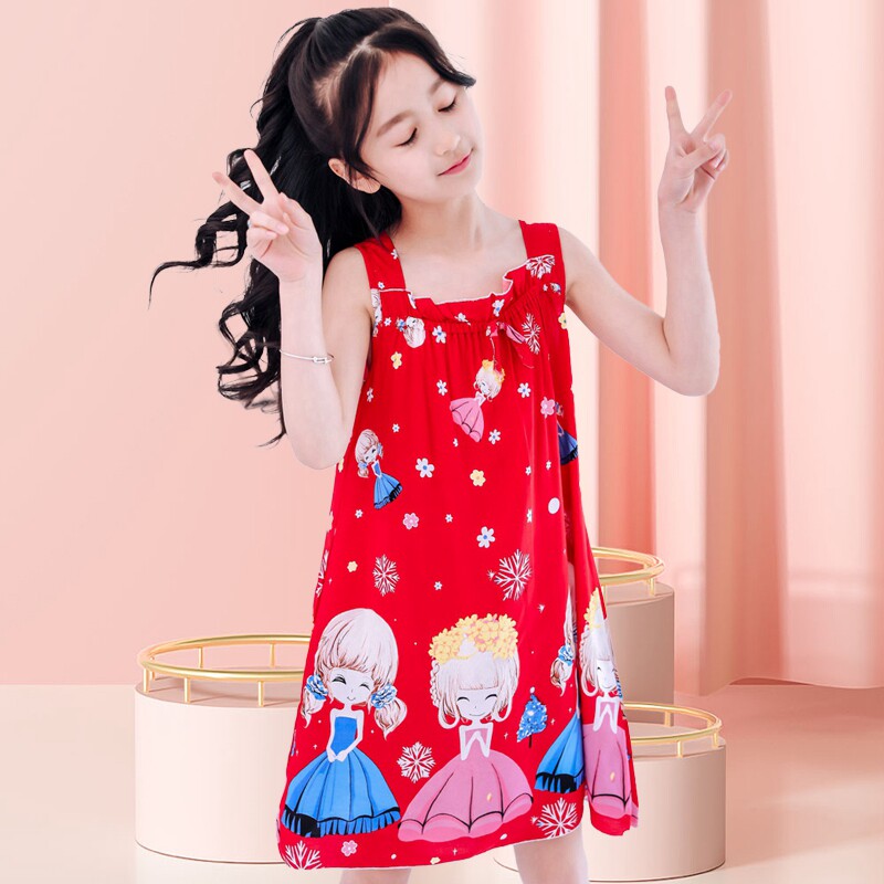 Girls' nightdress summer cotton silk thin suspender skirt children's pajamas girl ice silk summer princess 10-year-old girl cartoon