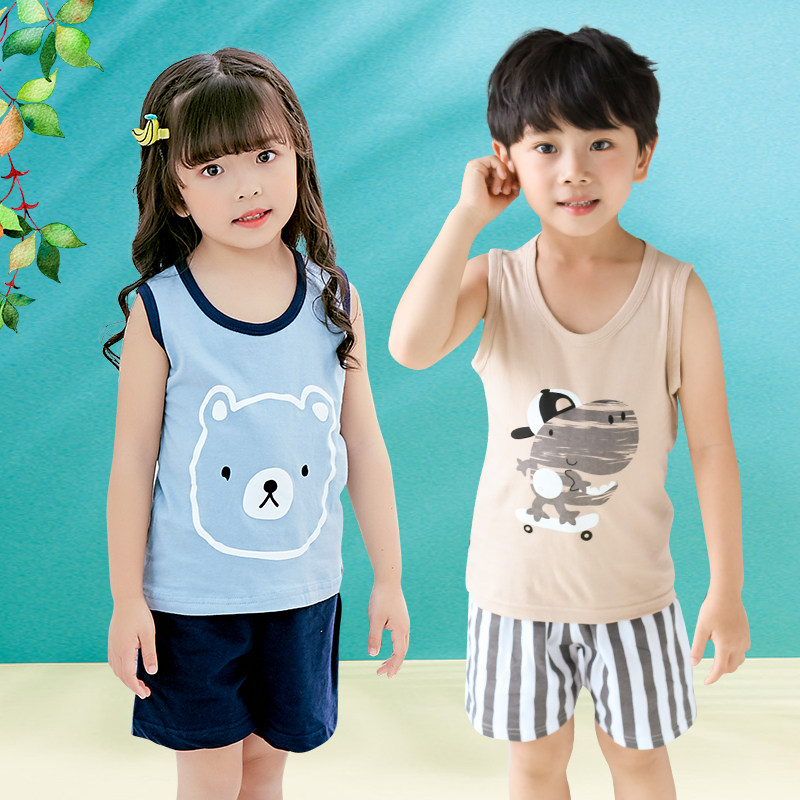 Children's clothing boys suit summer children's vest pure cotton girl baby sleeveless two-piece set thin section boy primary school students
