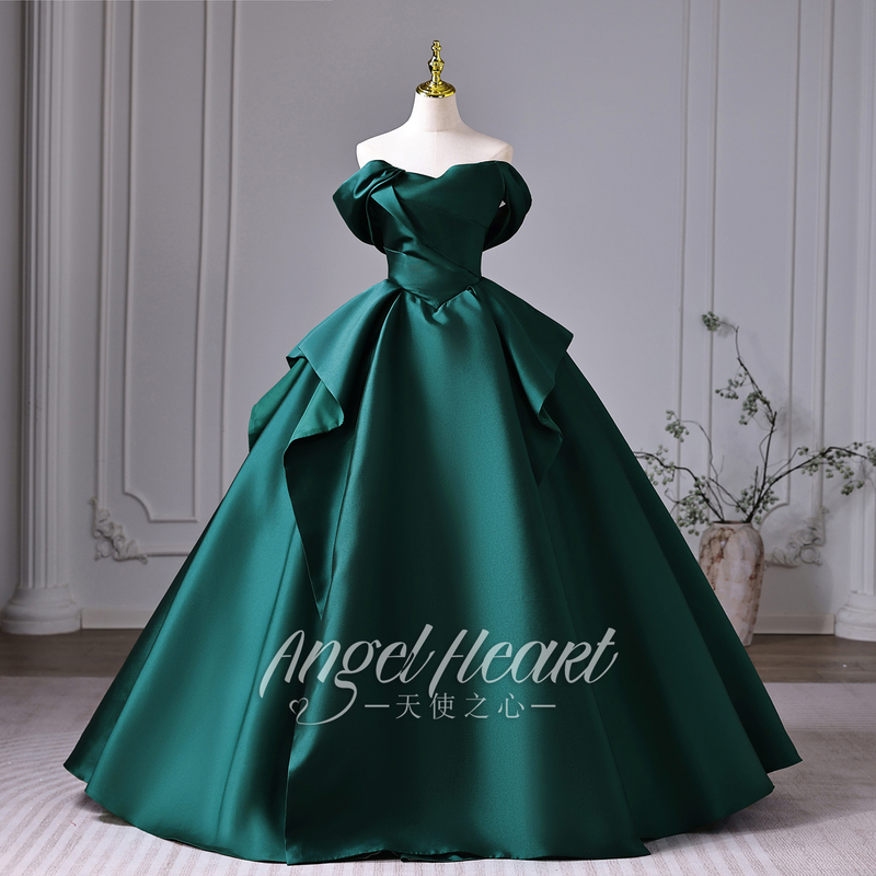 Angel Heart Dark Green Off-The-Shoulder French Satin 18Th Birthday Coming-Of-Age Ceremony Evening Dress Graduation Art Exam Host Angel Heart Dark Green Off-The-Shoulder French Satin 18Th Birthday Coming-Of-Age Ceremony Evening Dress Graduation Art Exam Host