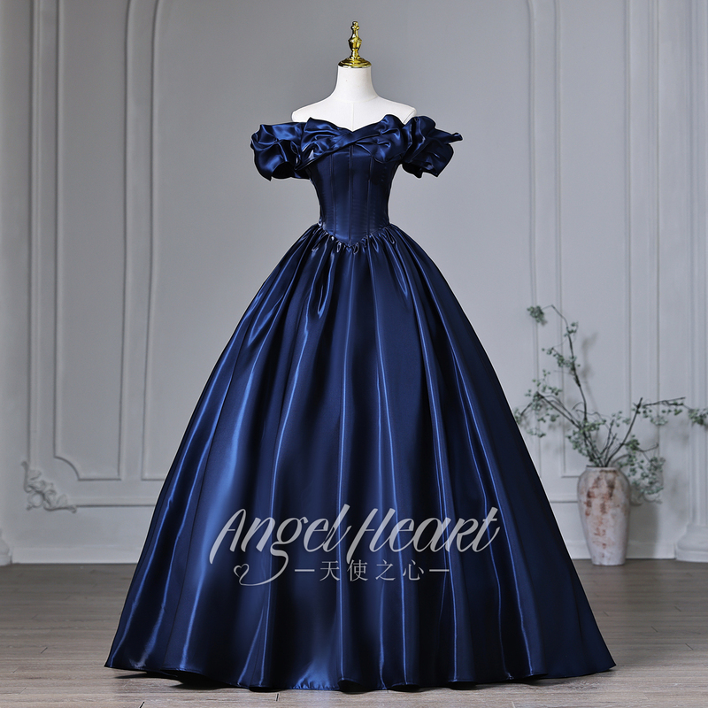 Angel Heart Off-Shoulder Deep Blue Evening Dress for Graduation, Art Exam, Coming-Of-Age Ceremony, Women's High-End Tie-Up Slimming Dress