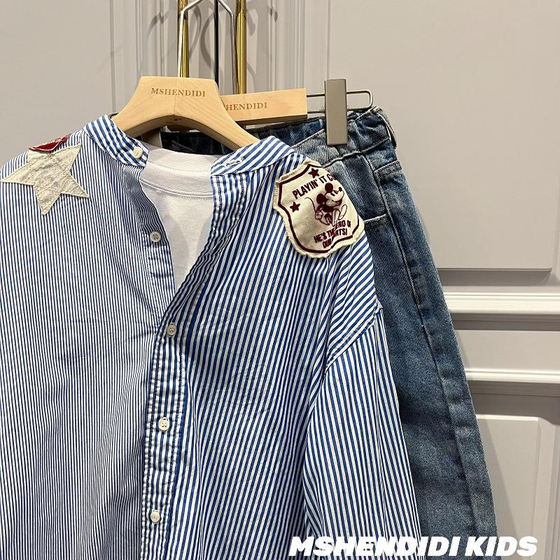 Japanese Children's Clothing, Children's Color-Blocked Striped Shoulder Badge Design Long-Sleeve Shirt, Boys and Girls Pure Cotton Shirt for Autumn Japanese Children's Clothing, Children's Color-Blocked Striped Shoulder Badge Design Long-Sleeve Shirt, Boys and Girls Pure Cotton Shirt for Autumn