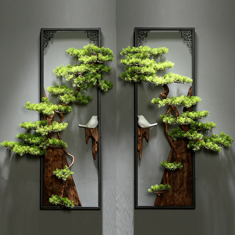 Chinese living room porch wall decoration green plant wall hanging wall background decoration pendant dining room wall welcome pine hanging decoration