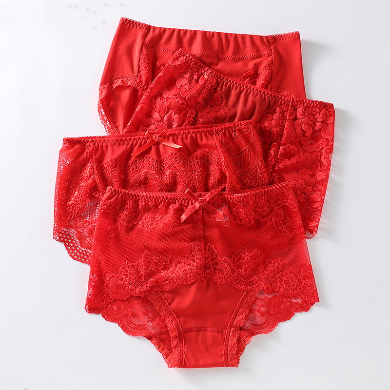 Lady's old red pants annual married pure cotton crotch skin sexy lace in high waist triangles