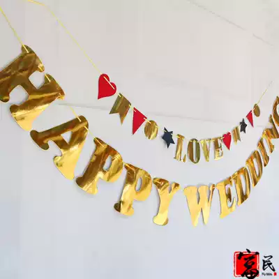 Golden wedding flag Happy Wedding letter flag Wedding party supplies Wedding room background decoration