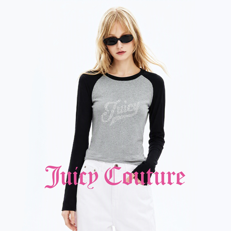 Juicy Couture Orange Patchwork Letter Pattern Long-Sleeved Round-Neck T-Shirt for Women in Autum Slim-Fitting Korean Style Top