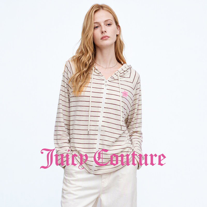 Juicy Couture Orange Striped Color-Block Drawstring Hooded Long-Sleeve T-Shirt Women's Zip-Up Casual Top Juicy Couture Orange Striped Color-Block Drawstring Hooded Long-Sleeve T-Shirt Women's Zip-Up Casual Top