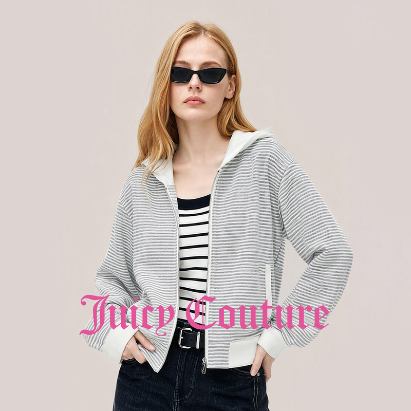 Juicy Couture Orange Striped Color-Blocked Hooded Long-Sleeve Zip-Up Sweatshirt for Women, Autumn Loose Top Juicy Couture Orange Striped Color-Blocked Hooded Long-Sleeve Zip-Up Sweatshirt for Women, Autumn Loose Top