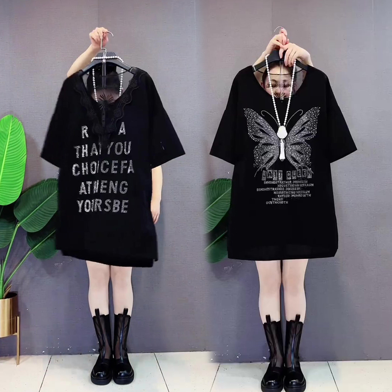 Plus-Size Fashionable and Stylish Large-Size T-Shirt for Women, 2025 Summer New Style, Loose Fit, Slimming, Versatile, Rhinestone Butterfly Top, Trendy