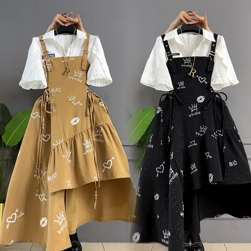 Trendy Plus-Size Dress for Women, Conceals Flaws, Slimming, Short-Sleeved, Lapel, Patchwork, Irregular Strap Long Dress