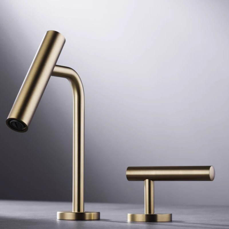 German All-Copper Brushed Gold Basin Faucet, Hot and Cold Splash-Proof Dual-Hole Minimalist Bathroom Faucet