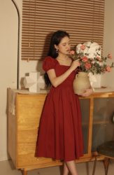 Meowji Retro French Square Neck Waist Puff Sleeve Princess Dress Mid-Length Red Dress Women Summer