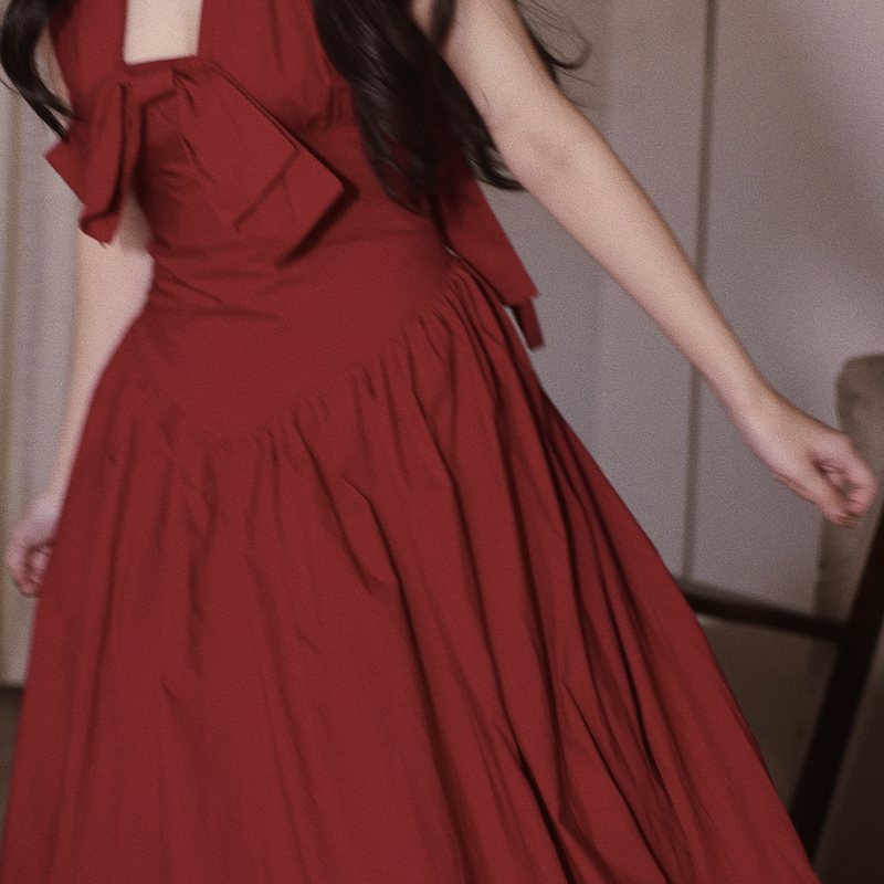 Miaojie Retro French-Style Sleeveless Off-Shoulder Elegant Dress, Backless Slim-Fit Long Halter Neck Red Dress for Women in Summer