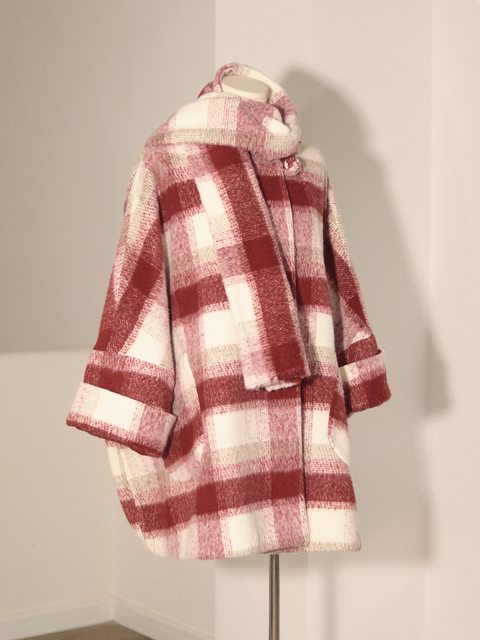 Retro petite short red plaid woolen jacket