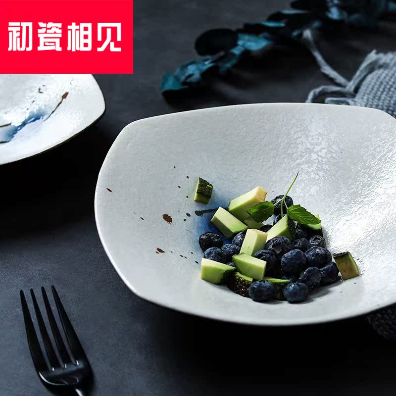 Porcelain meet each other at the beginning of hand - made ceramic square become warped side foot plate, Japan and creative home hotel with Porcelain red deep bowl