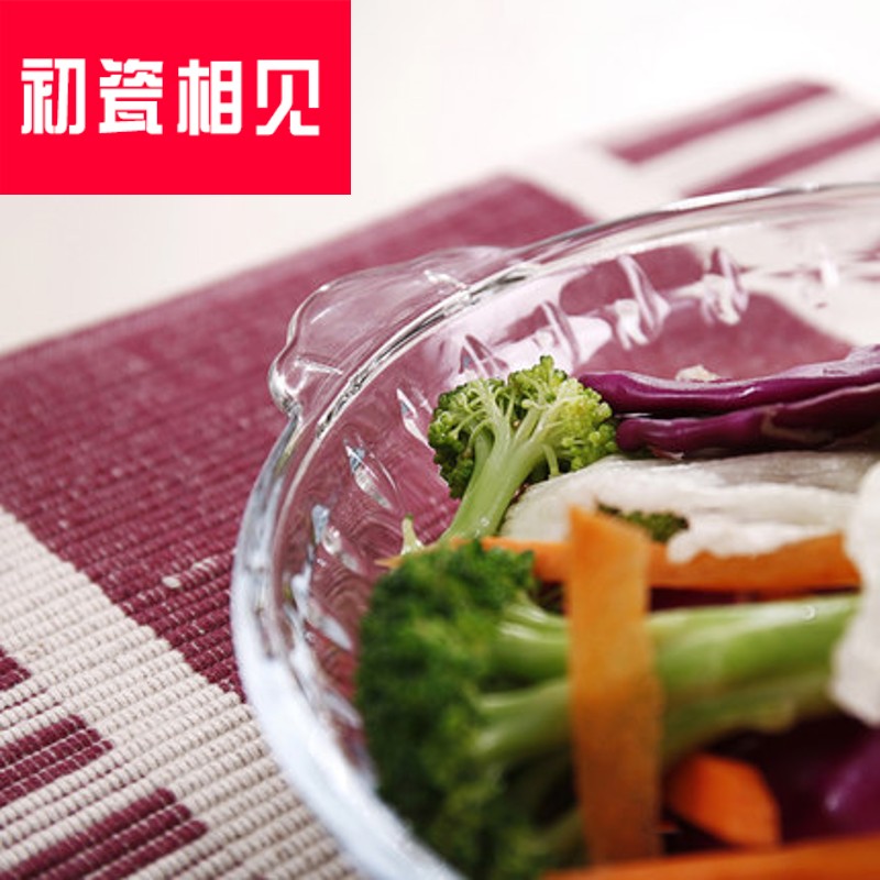 Meet early porcelain plate round transparent food dish paella household soup plate ears flat pan to the microwave