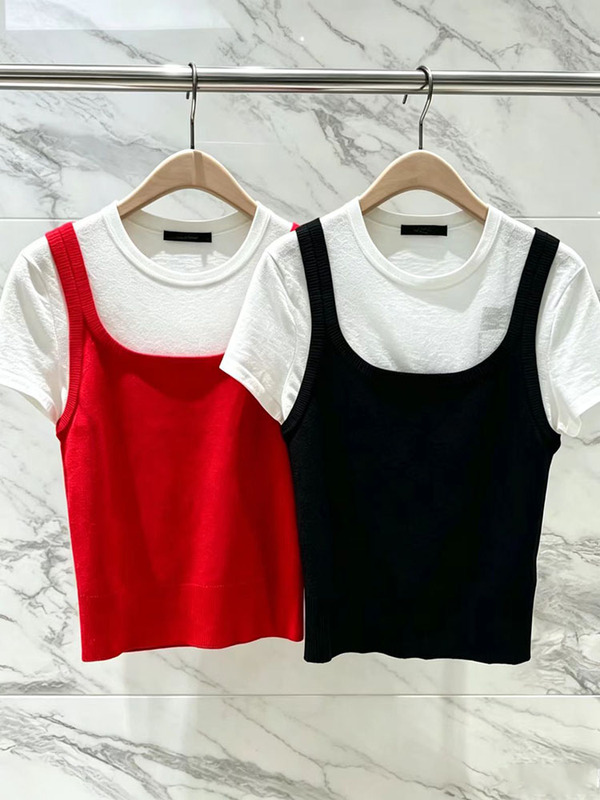 [Same Style as Qin Lan] Authentic Knitwear 2026 Summer New Product, Fake Two-Piece Square Neck Ribbed Slimming Mbf2Swtt06