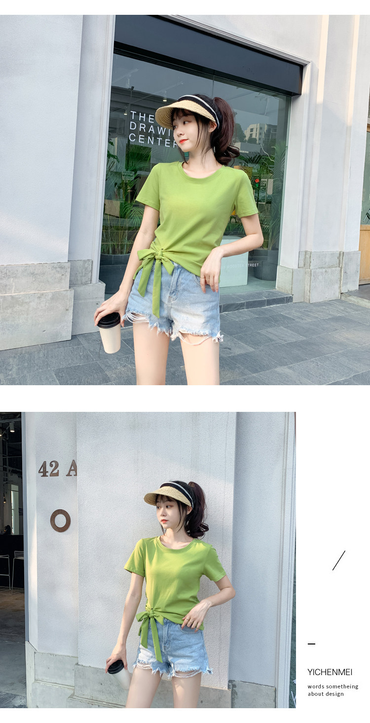 2022夏新款独特系带蝴蝶结不规则短袖T恤女修身百搭别致时尚上衣详情17