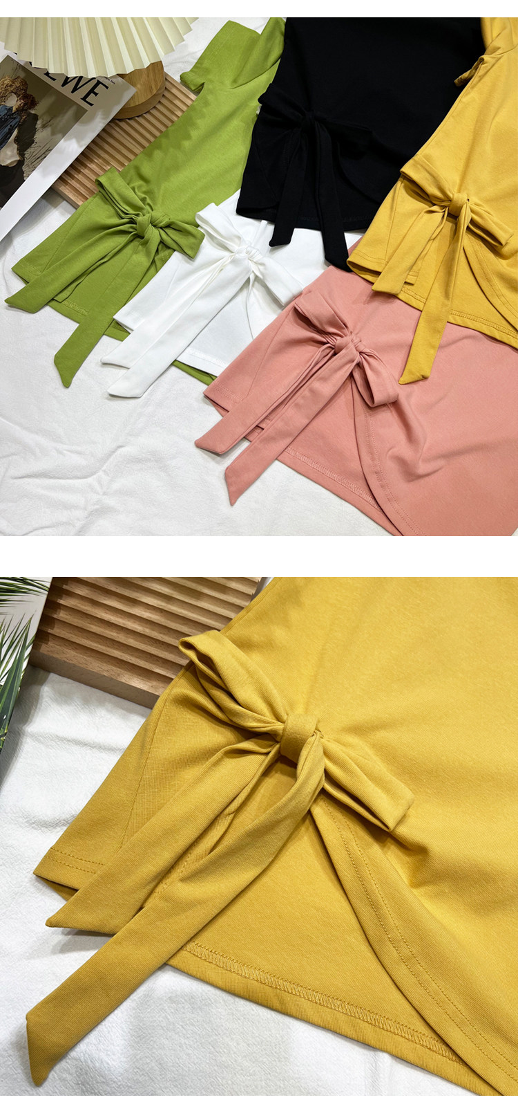 2022夏新款独特系带蝴蝶结不规则短袖T恤女修身百搭别致时尚上衣详情5