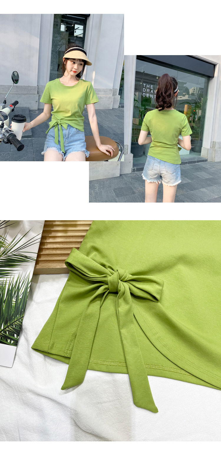 2022夏新款独特系带蝴蝶结不规则短袖T恤女修身百搭别致时尚上衣详情18