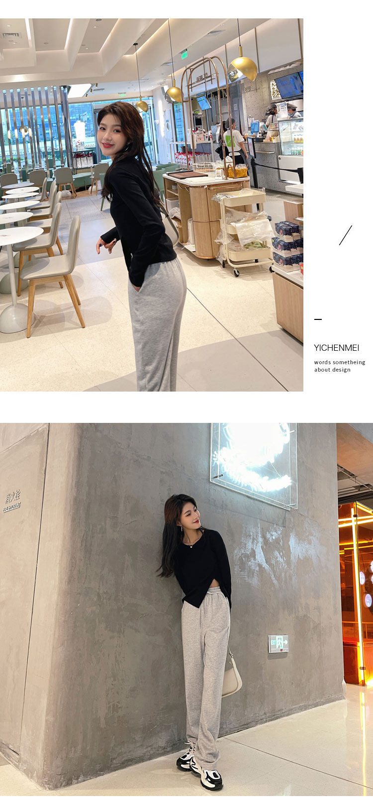 2022春新不规则设计感侧开叉T恤女长袖圆领修身短款纯色打底上衣详情5