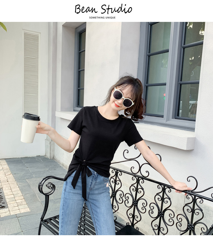 2022夏新款独特系带蝴蝶结不规则短袖T恤女修身百搭别致时尚上衣详情14