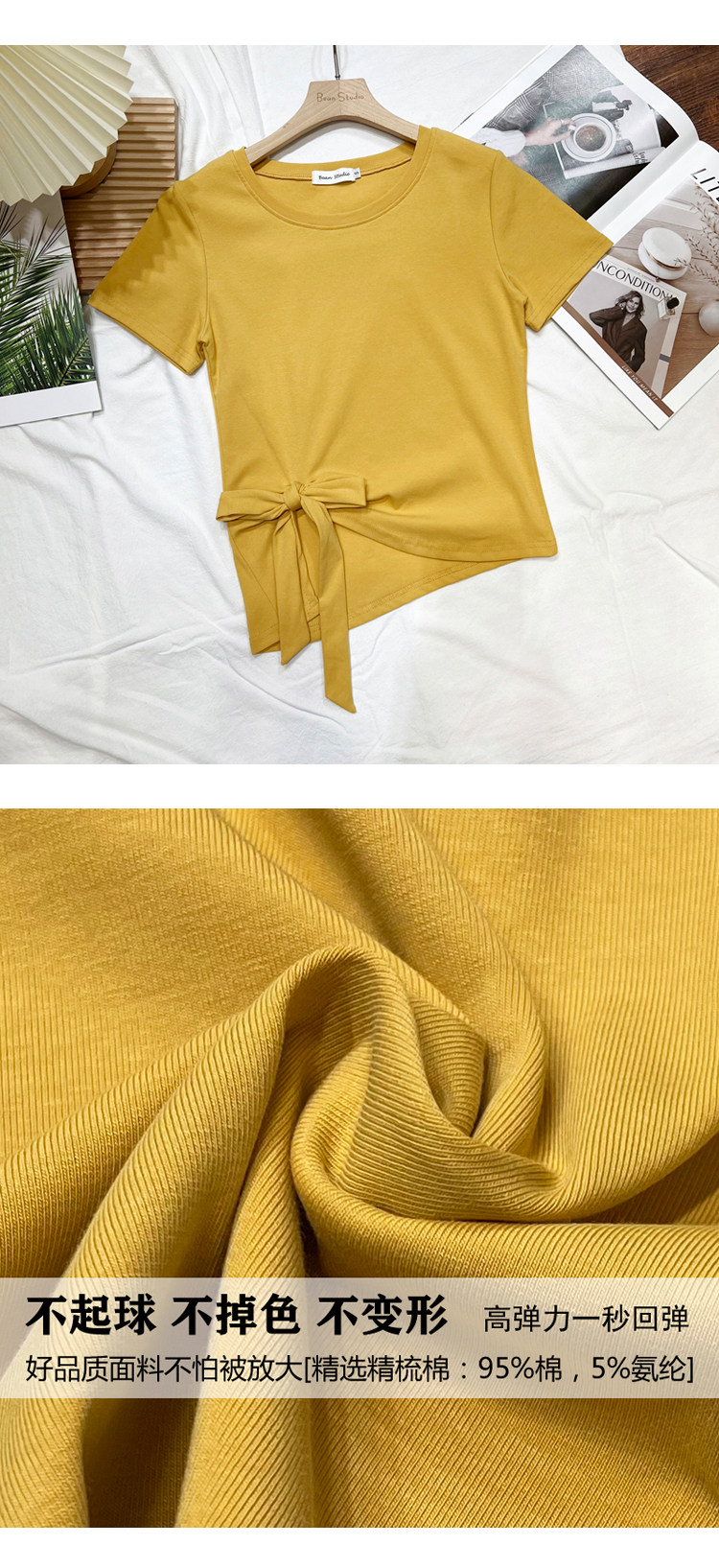 2022夏新款独特系带蝴蝶结不规则短袖T恤女修身百搭别致时尚上衣详情19