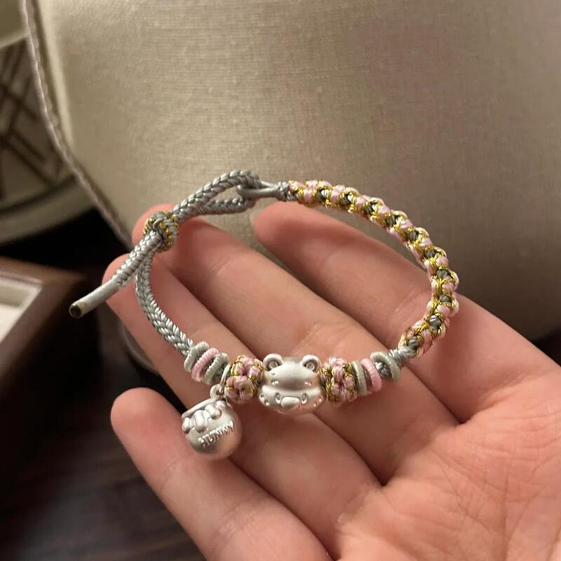 S999 Pure Silver Winnie the Pooh Honey Pot Bracelet Cute Fortune Bead Woven Bracelet Gift for Children, Girls, Best Friends, and Couples