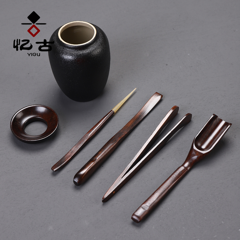 Have the ebony wood, ceramic tea six gentleman 's suit detong tea tray was kung fu tea accessories ChaGa tea spoon