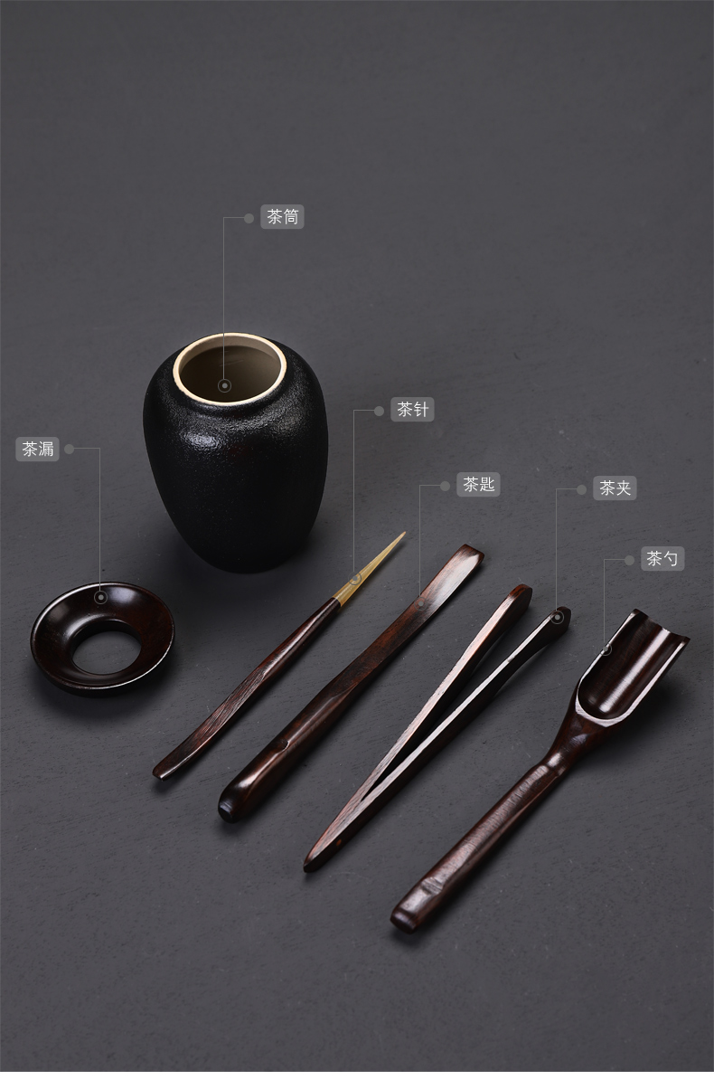 Have the ebony wood, ceramic tea six gentleman 's suit detong tea tray was kung fu tea accessories ChaGa tea spoon