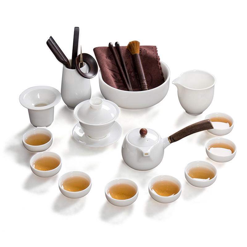 Have the ancient white porcelain suet jade kung fu tea set household dehua white porcelain of a complete set of I and contracted teapot teacup