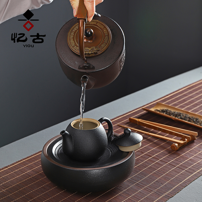 Have GuGan mercifully pot bearing small tea tray ceramic water black ceramic POTS Joe coarse pottery round pot pad kung fu tea accessories