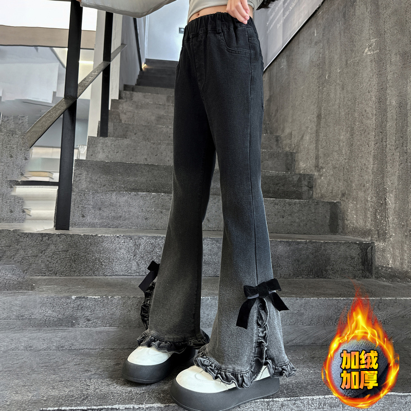 女の子用ベルボトム 2024 年秋冬新作子供用ワンピース ベルベット ジーンズ 年長児と女子中学生用 プラス ベルベット パンツ