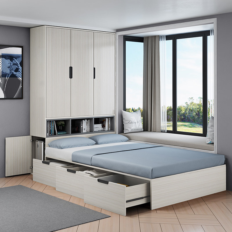Multifunctional bed head cabinet integrated bed save space small family type bedroom tatami bed and head cabinet storage containing wardrobe bed