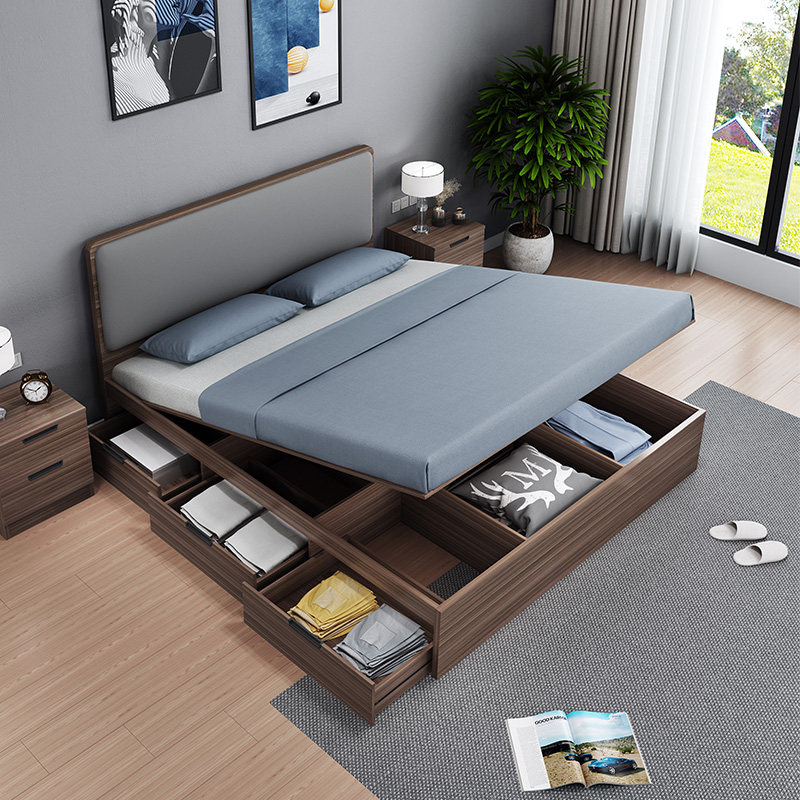 Nordic High Box Containing Bed Modern Brief About Double Man Bed Bedroom Furniture Kit Combined Box Bed Air Pressure Containing Bed