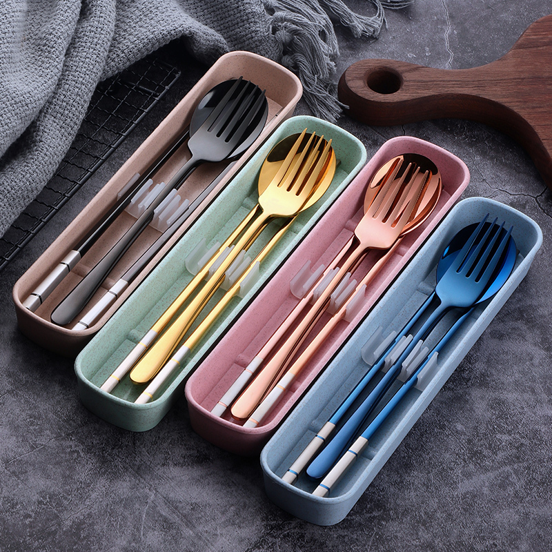 304 Stainless Steel Chopsticks, Spoon, and Fork Set, Cute Portable Student Cutlery Set with Three-Piece Case for Work and Travel 304 Stainless Steel Chopsticks, Spoon, and Fork Set, Cute Portable Student Cutlery Set with Three-Piece Case for Work and Travel