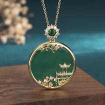 Ice Seed Jade Medullary Emerald Color Enamel Jade Pendant Landscape No-Brand Pendant Tiger Year Lovers Retro Necklace