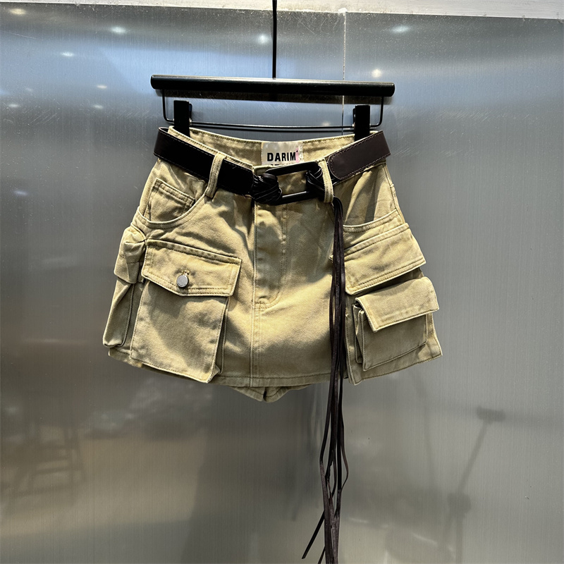 Workwear Style Khaki Denim Short Skirt for Women, 2026 Summer New Model, Multi-Pocket Design, Elegant A-Line Skirt