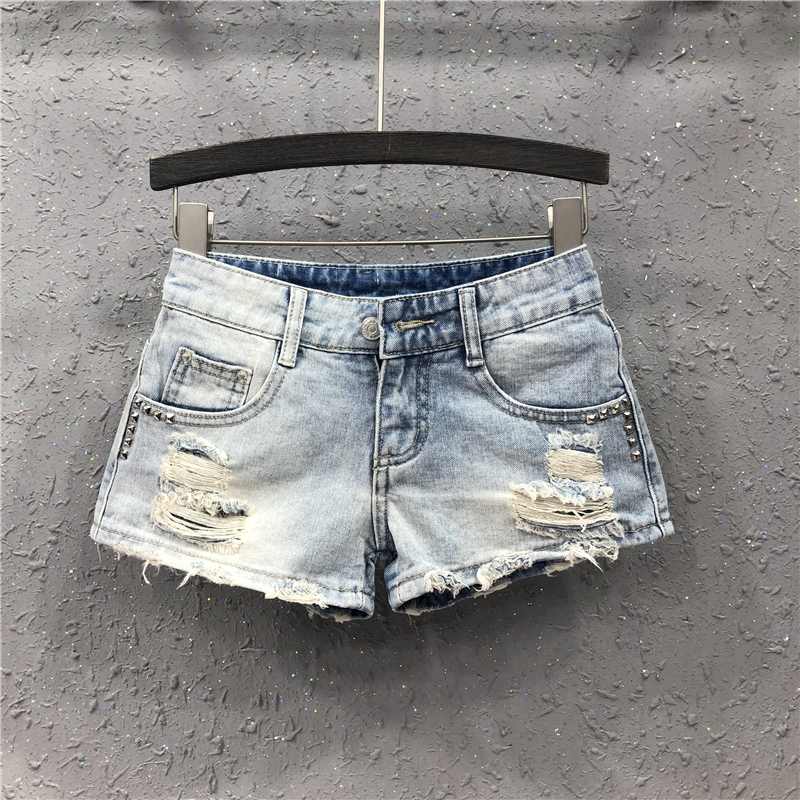 Hot Pants Women's Low-Waist Sexy Denim Super Shorts Summer New American Hottie Ripped Rivets Slim Straight Pants