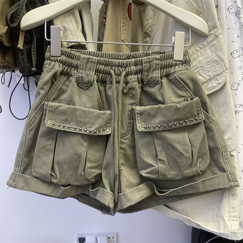 Workwear Style Denim Shorts for Women, Summer Elastic Waist, Large Pockets, Rivet Trim, Casual Pants, Loose Fit, Slimming