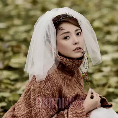 Double-layer short bride photo puffy photo Forest wedding dress headdress super fairy collar card registration small veil