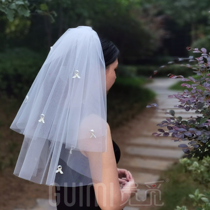 2022 bride begging for wedding dress Senior marriage Pilot registration of small head yarn short Butterfly Knot Light Wedding Drape Headwear