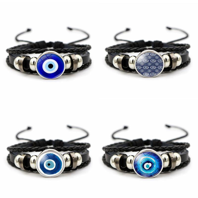 Evil Eye Leather Bracelet for Women, Hand-Woven with Snap Button, Turkish Blue Eye, Multi-Layered Beaded Bracelet, Hand Jewelry